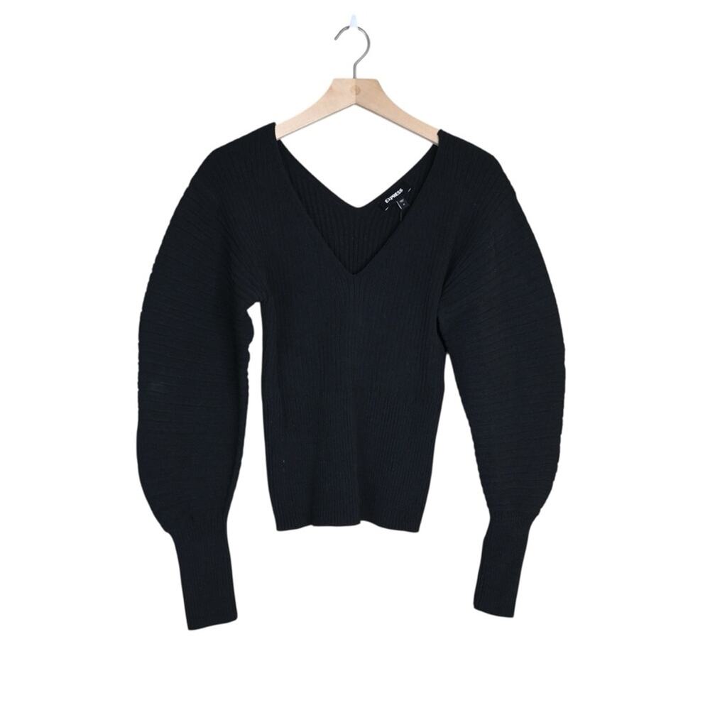Express Womens M Black Ribbed Balloon Sleeve V-Neck Sweater NEW